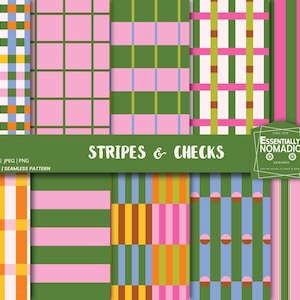 Papel digital de 10 rayas de colores - Impresión de tela, patrón sin costuras de cuadros vibrantes, fondo de rayas anchas, repetición de patrón vintage preppy