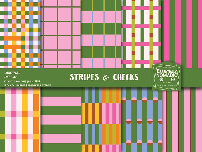 May include: A collection of ten digital papers featuring various stripe and check patterns in pink, green, orange, yellow, and blue. The text "STRIPES & CHECKS" is displayed on a green banner. The papers are 12"x12" and are seamless patterns.