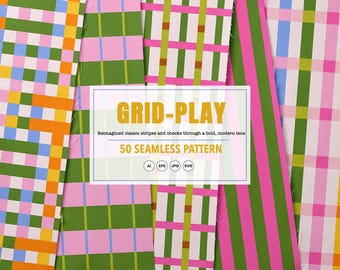 50 Bold Stripes Seamless Pattern, Preppy Grids Plaid Digital Paper, Colorful checkered-Wide Stripe Background For Fabric-gift wrap-wallpaper