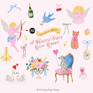 Caprichoso clipart de amor para o dia dos namorados, arcos PNG de aquarela desenhados à mão rococó, molduras e modelos para design de cartão, ícones de casamento Doodles