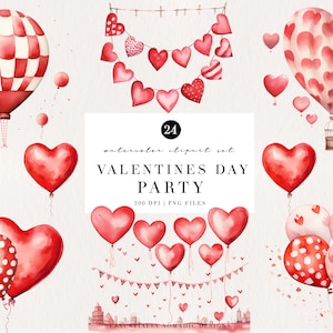 Clipart de festa de dia dos namorados em aquarela, clipart romântico em aquarela branco vermelho, balões em aquarela, banner png, decoração de casamento Cartão clipart