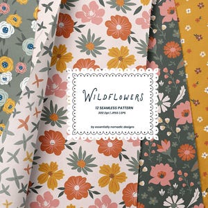 Wildflowers Seamless Pattern, Floral Botanical Digital Paper, Retro Folk Flower Prints, Surface Pattern Design for Fabric & Scrapbooking