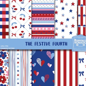 4 juli naadloos patroon, rood wit en blauw digitaal papier, strikken-plaid-sterren-strepen-bloemen-achtergronden, patriottisch herhalend patroon