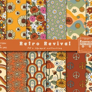 Carta digitale floreale retrò anni '70, motivo senza soluzione di continuità, stampa digitale con sfondo retrò, carta digitale estiva per album hippie e groovy, uso commerciale