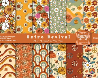Retro Floral Digital Paper Pack, 70s Groovy Patterns (Digital Download)
