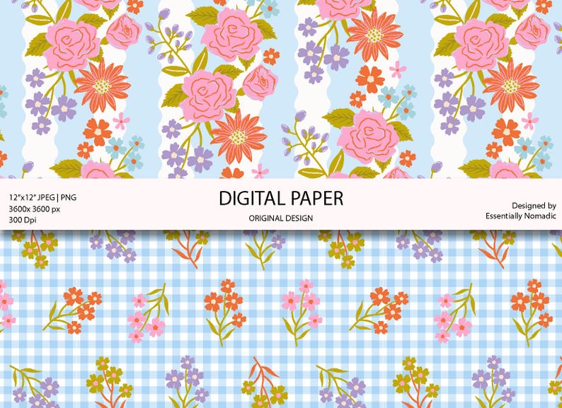 Blue & Pink Floral Seamless Pattern Set, Vintage Rose Digital Paper ...