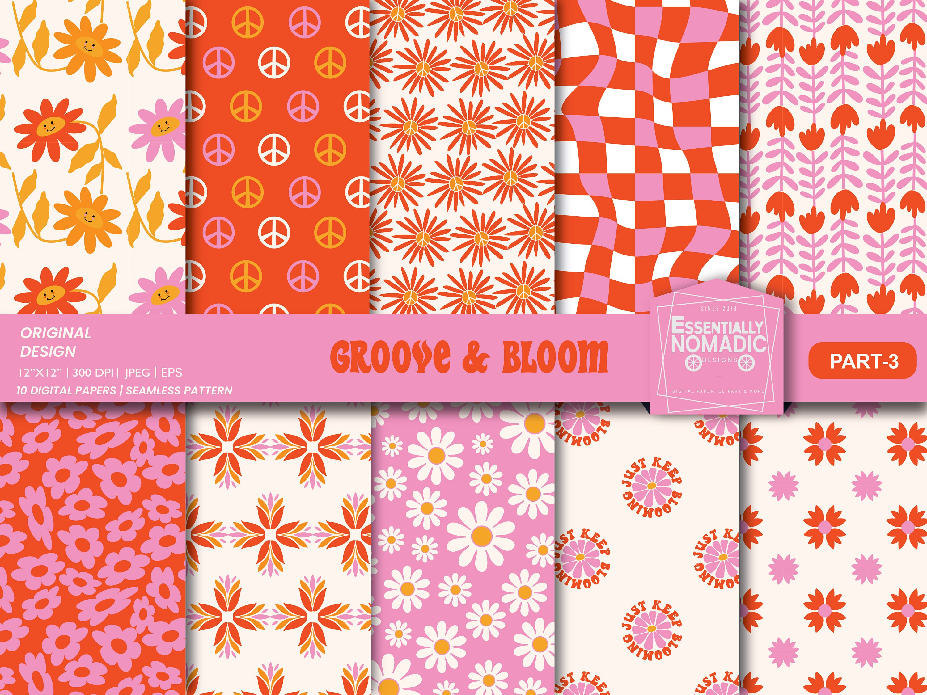 Pink Red Groovy Floral Digital Paper, Retro Seamless Patterns for ...