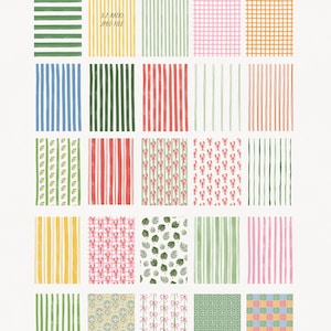 May include: A collection of colorful digital paper patterns for a DIY card and invite kit. The patterns include stripes, gingham, lobster, and tropical leaf designs in various colors. The text "TROPICAL ESCAPE" and "5:7 RATIO JPEG FILE" are visible.