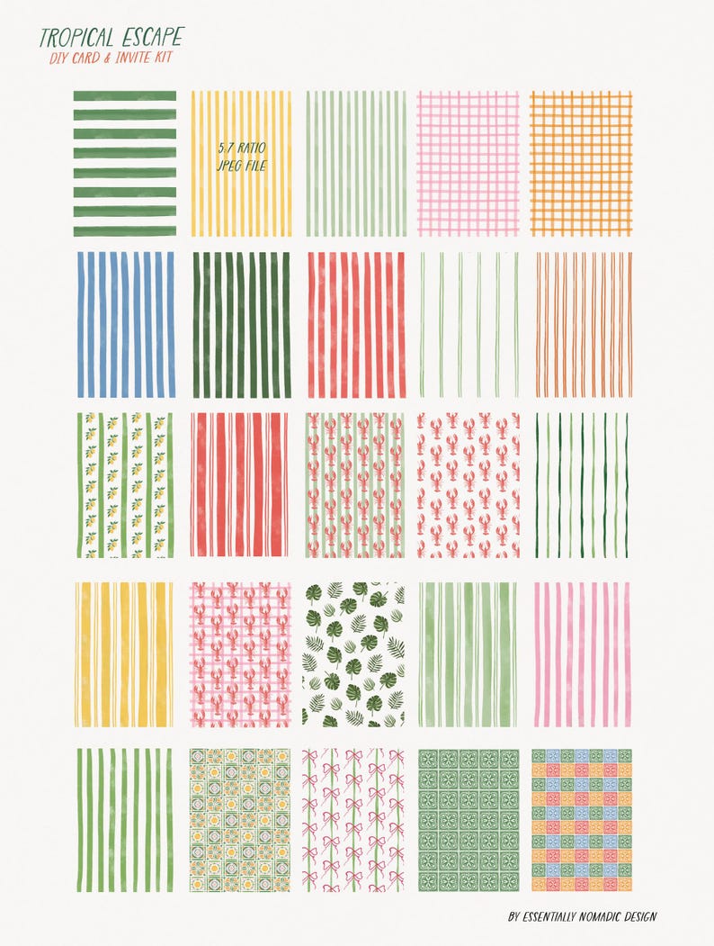 May include: A collection of colorful digital paper patterns for a DIY card and invite kit. The patterns include stripes, gingham, lobster, and tropical leaf designs in various colors. The text "TROPICAL ESCAPE" and "5:7 RATIO JPEG FILE" are visible.