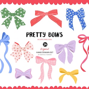 Ensemble de cliparts noeud coquette dessinés à la main, noeuds colorés fichiers PNG SVG, noeuds à motif rayures florales, rubans et noeuds de papillon pour faire-parts, cartes