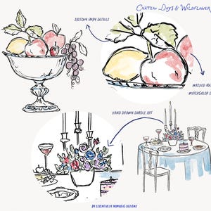May include: A hand-drawn illustration with watercolor detailing. The image features a fruit bowl, a plate of fruit, and a table setting with flowers, candles, and cake. The text reads "Chateau Days & Wildflower Ways."