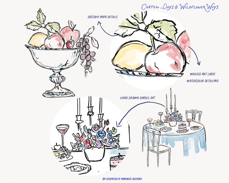 May include: A hand-drawn illustration with watercolor detailing. The image features a fruit bowl, a plate of fruit, and a table setting with flowers, candles, and cake. The text reads "Chateau Days & Wildflower Ways."