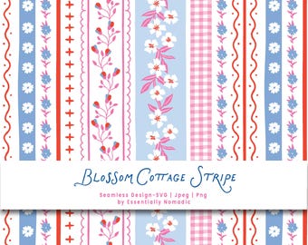 Spring Floral Stripe Seamless Pattern, Pastel Pink Blue Gingham Striped Fabric Design, Cottagecore Flower Digital Paper