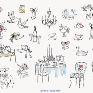 May include: Watercolor illustration featuring various objects: doves, hats, a chandelier, a table setting, a lamb, a cow, a dog, and other decorative elements. The artwork has a whimsical, vintage aesthetic with soft colors and delicate lines.