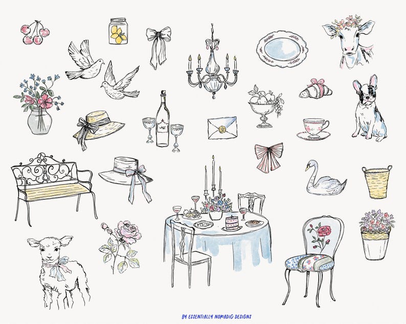 May include: Watercolor illustration featuring various objects: doves, hats, a chandelier, a table setting, a lamb, a cow, a dog, and other decorative elements. The artwork has a whimsical, vintage aesthetic with soft colors and delicate lines.