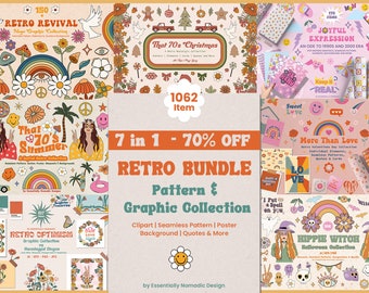 Puede incluir: Un collage digital de gráficos, patrones e ilustraciones de temática retro. El collage presenta una variedad de diseños, incluyendo arcoíris, signos de paz, flores y caras sonrientes. El texto "7 en 1 - 70% de DESCUENTO BUNDLE RETRO Patrones y colección gráfica" se muestra en el centro del collage.
