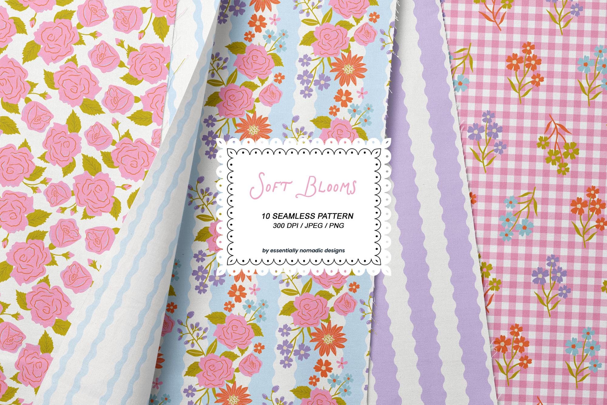Blue & Pink Floral Seamless Pattern Set, Vintage Rose Digital Paper ...