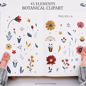 Clipart d'éléments floraux folkloriques scandinaves, fleur Png, Art folklorique fleur Png, feuilles bourgeons éléments botaniques, cartes-mariage invitations clipart