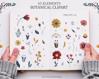 Folk Floral Clipart, Scandinavian Flower Png, Folk Art Flower Png, Leaves Buds Elements, wedding clipart, Botanical element commercial use