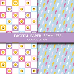 May include: Digital paper seamless designs. One pattern features a checkerboard of smiling daisy faces in pink, yellow, blue, and purple squares. The other pattern has a light blue background with pink, yellow, and white lightning bolts. The text reads "DIGITAL PAPER | SEAMLESS".