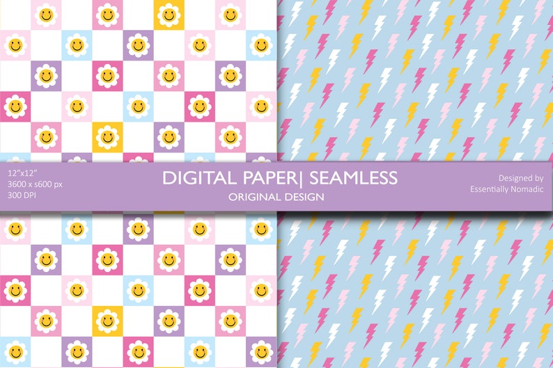 May include: Digital paper seamless designs. One pattern features a checkerboard of smiling daisy faces in pink, yellow, blue, and purple squares. The other pattern has a light blue background with pink, yellow, and white lightning bolts. The text reads "DIGITAL PAPER | SEAMLESS".
