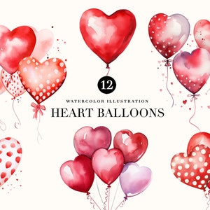 Aquarell Herz Ballon Clipart Set, Valentinstag Clipart, Rot & Weiß Ballon Clipart, Hochzeit Clipart für Karten, Vintage Aquarell Png