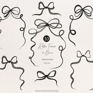 Marcos de cinta de lazo de acuarela, imágenes prediseñadas, borde de lazos coquetos PNG, marcos elegantes y extravagantes para tarjetas de invitación de boda, marcos dibujados a mano, archivo PNG