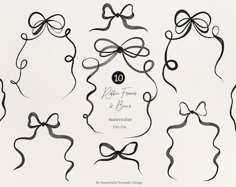 Clipart di cornici con fiocchi ad acquerello, bordi con fiocchi Coquette PNG, eleganti cornici stravaganti per biglietti d&#39;invito per matrimonio, file PNG con cornici disegnate a mano