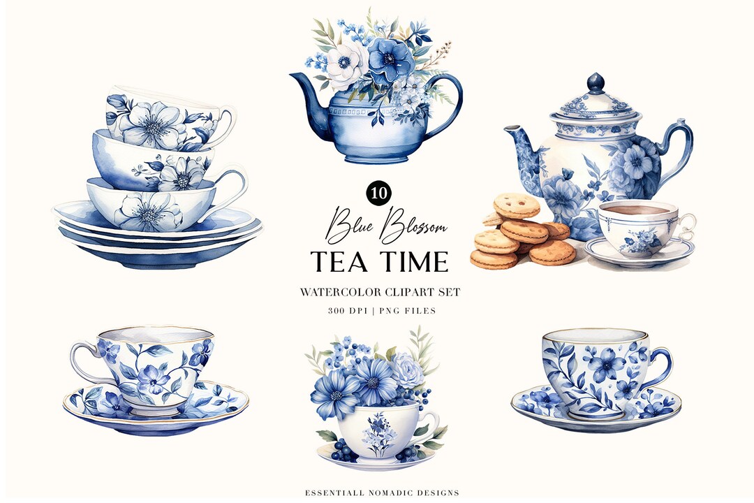 Watercolor Blue Tea Party Clipart, Floral Tea Time Clipart, Bridal ...
