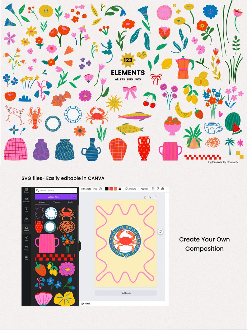 K&ouml;nnte beinhalten: Ein Set mit 123 bunten, illustrierten Elementen, darunter Blumen, Fr&uuml;chte, Tiere und Haushaltsgegenst&auml;nde. Die Elemente sind in Canva einfach zu bearbeiten und k&ouml;nnen verwendet werden, um einzigartige Designs zu erstellen.
