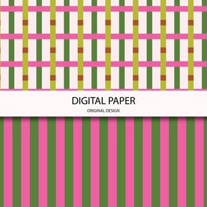 May include: Digital paper design featuring two patterns. The top pattern has a grid of pink and green vertical and horizontal lines with brown squares. The bottom pattern has vertical pink and green stripes. The text "DIGITAL PAPER" is displayed.