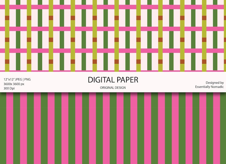 May include: Digital paper design featuring two patterns. The top pattern has a grid of pink and green vertical and horizontal lines with brown squares. The bottom pattern has vertical pink and green stripes. The text "DIGITAL PAPER" is displayed.