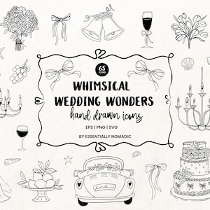 Ícones de casamento desenhados à mão SVG, ilustrações de clipart de casamento na praia para convites, champanhe, rabiscos de bolo, cardápios, convites de noiva