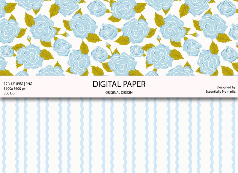 Blue & Pink Floral Seamless Pattern Set, Vintage Rose Digital Paper ...