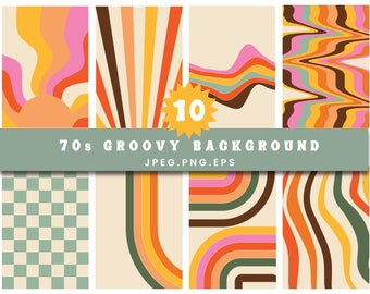 May include: Set of 10 groovy 70s style digital backgrounds in various colors and patterns, including checkered, striped, and wavy designs. JPEG, PNG, and EPS file formats.