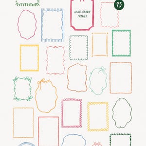 May include: A collection of hand-drawn frames in various shapes and colors, including pink, green, blue, and yellow. The text "TROPICAL ESCAPE DIY CARD & INVITE KIT" and "HAND-DRAWN FRAMES" are visible. There are 95 frames in total.