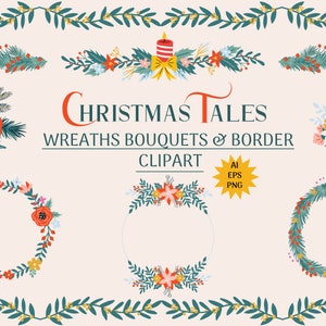 Clipart de guirlanda de Natal, arquivos vetoriais png de buquê floral de inverno, clipart de férias, design de cartão de felicitações de guirlanda de azevinho com moldura de Natal
