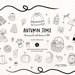 Conjunto de ícones de arte de linha de outono caprichoso, clipart SVG de Ação de Graças, moldura de fita com rabiscos desenhados à mão minimalista, convite de casamento de outono, editável pelo Canva