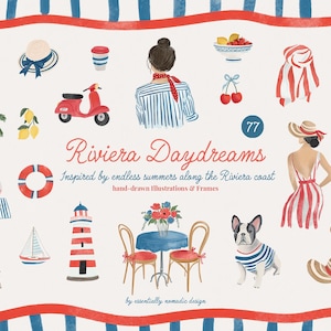 Può includere: Illustrazioni ad acquerello a tema Riviera, con uno scooter rosso, un faro, un cane con una maglietta a righe e una donna con un vestito a righe. Il testo recita "Riviera Daydreams" e "Inspired by endless summers along the Riviera coast."