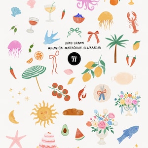 May include: Watercolor illustration featuring various food and beach-themed elements. Includes a crab, octopus, sun, cake, fish, and fruit. The text reads "Hand-drawn Whimsical Watercolor Illustration" with the number 71.