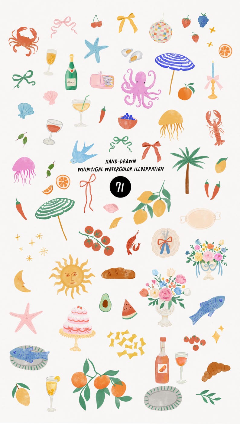 May include: Watercolor illustration featuring various food and beach-themed elements. Includes a crab, octopus, sun, cake, fish, and fruit. The text reads "Hand-drawn Whimsical Watercolor Illustration" with the number 71.