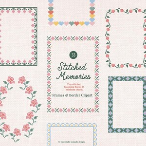 Puede incluir: Una colección de marcos y bordes digitales estilo punto de cruz con patrones florales, de corazones y geométricos en rosa, verde, azul y amarillo. El marco central incluye el texto 33 Stitched Memories, Tiny stitches, blooming florals & heirloom charm. Frames & Border Clipart, by essentially nomadic designs.