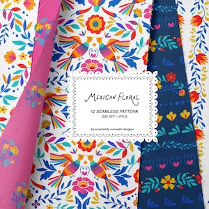 Conjunto de patrones florales sin costuras de Fiesta Folk, papel digital mexicano colorido, diseños botánicos repetidos de flores otomíes para tela