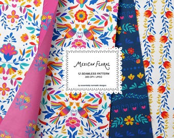 Fiesta Folk Floral Seamless Pattern Set, Colorful Mexican Digital Paper, Otomi Flowers Botanical Repeat Designs for Fabric