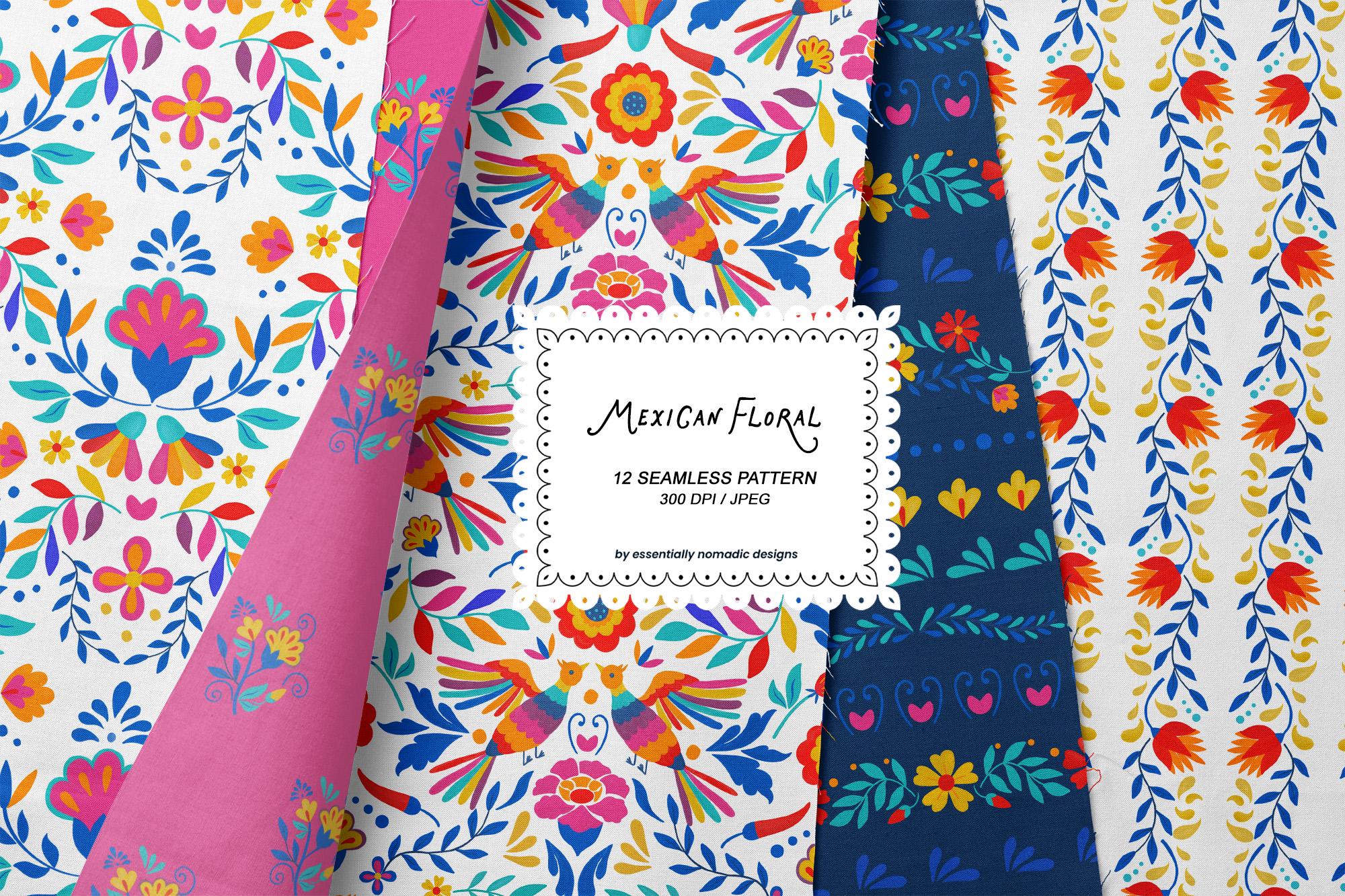 Fiesta Folk Floral Seamless Pattern Set, Colorful Mexican Digital Paper ...