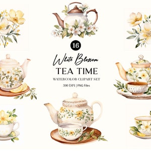 Clipart floreale per tea party ad acquerello, clipart floreale per l'ora del tè, biglietti per addio al nubilato, Boho rustico, fiori gialli bianchi primaverili tea time Png