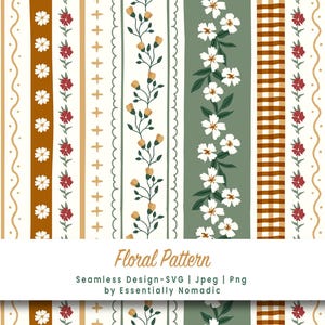 Könnte beinhalten: Nahtloses Blumenmuster mit vertikalen Streifen. Das Design zeigt abwechselnde Streifen in Weiß, Grün und Braun mit floralen und geometrischen Elementen. Der Text "Floral Pattern" wird unten angezeigt.