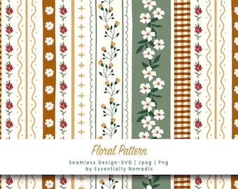 Cottagecore Floral Stripe Seamless Pattern: Botanical Gingham Fabric Design, Sage green brown Autumn digital Paper Repeat Pattern background