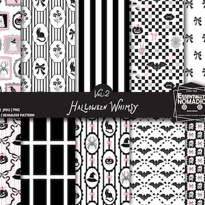 以下が含まれることがあります： ハロウィーンをテーマにした10枚のデジタルペーパーのコレクション。デザインには、黒猫、コウモリ、カボチャ、リボンが含まれ、ストライプ、チェック、フレームの背景に配置されています。カラーパレットは黒、白、ピンクです。テキストは「Halloween Whimsy」と書かれています。