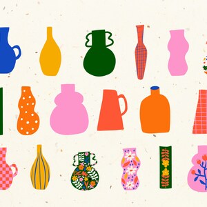 May include: A collection of 18 colorful vases with various patterns and designs, including polka dots, checkered, floral, and geometric shapes. The vases are in shades of pink, blue, green, orange, yellow, and red.